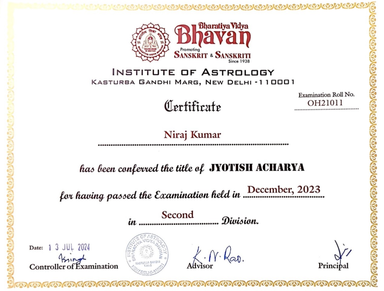 Jyotish Acharya Certificate